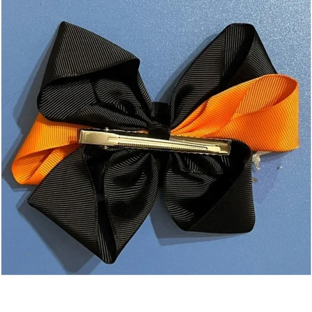 💀 NEW Sparkly Sugar Skull Halloween Hair Bow – Orange & Black